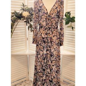 ZARA BLACK FLORAL BUTTON DOWN STRETCH SHEER MAXI DRESS SIZE SMALL